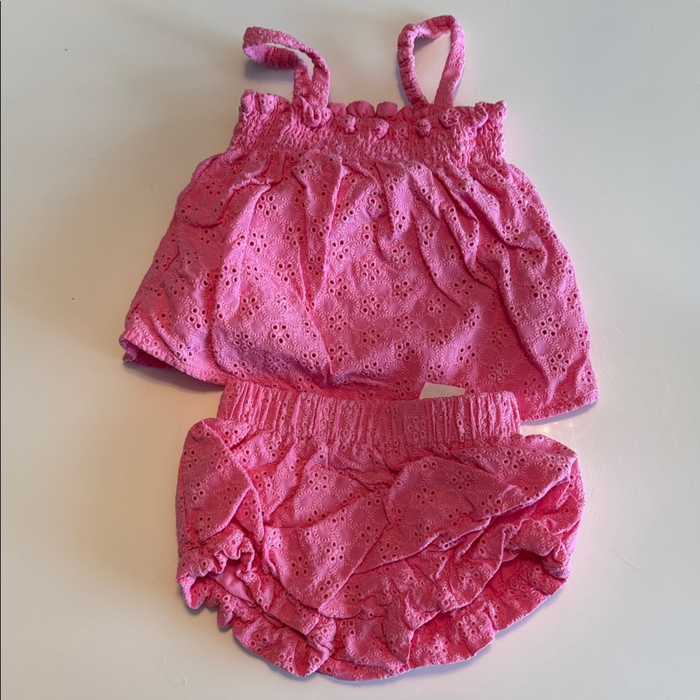 Posh Peanut Aurora Pink Eyelet Smocked Tank Bummie Set